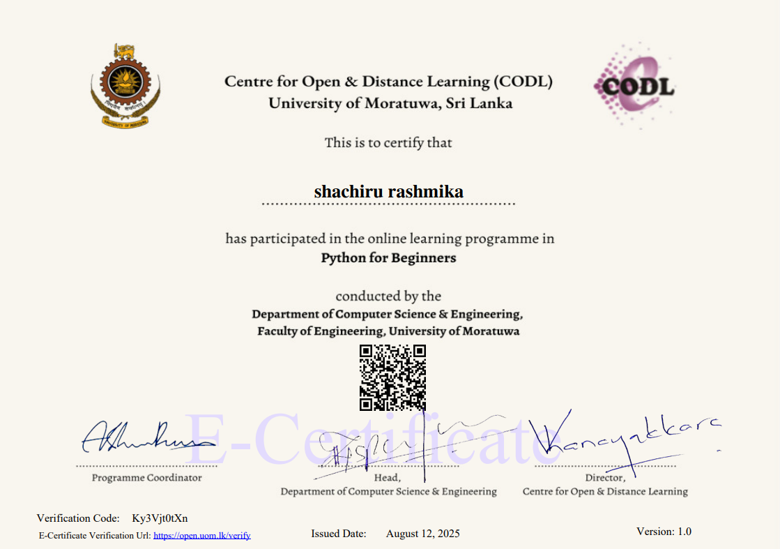 Python for Beginners Certificate - University of Moratuwa