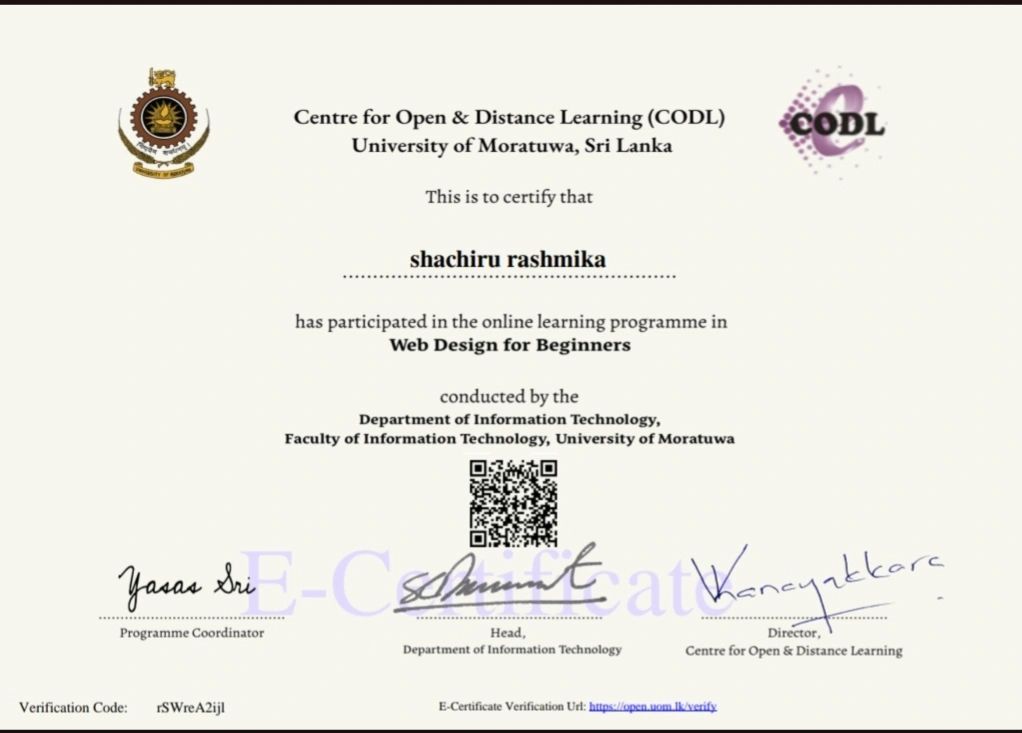 Web Design for Beginners Certificate - University of Moratuwa